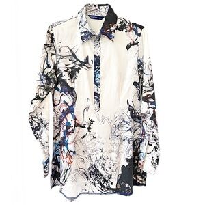 Georg Roth Los Angeles Abstract Print Cotton Blouse White & Blue Size XS NWT